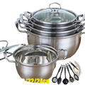 Set of stainless steel induction cookware pots with glass lids featuring sleek metallic finish and sturdy handles