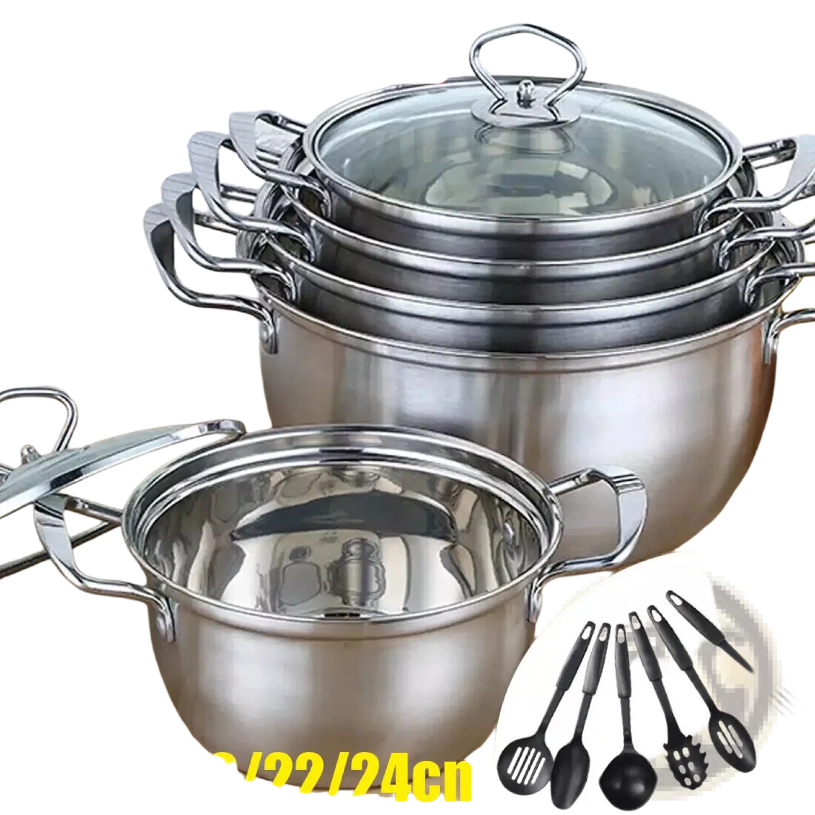 Set of stainless steel induction cookware pots with glass lids featuring sleek metallic finish and sturdy handles