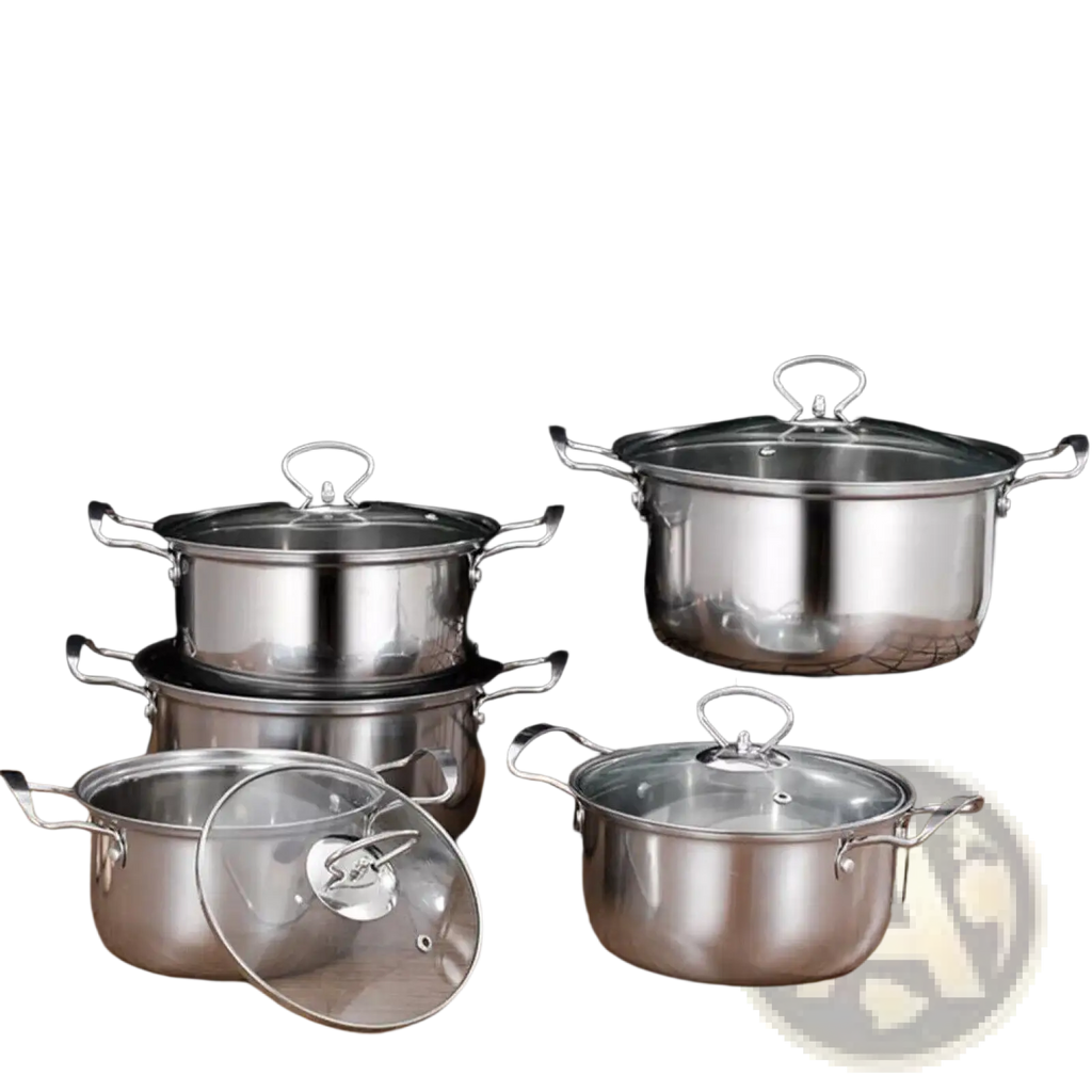 Set of 11 stainless steel induction cookware pots with clear glass lids and sturdy handles for versatile cooking