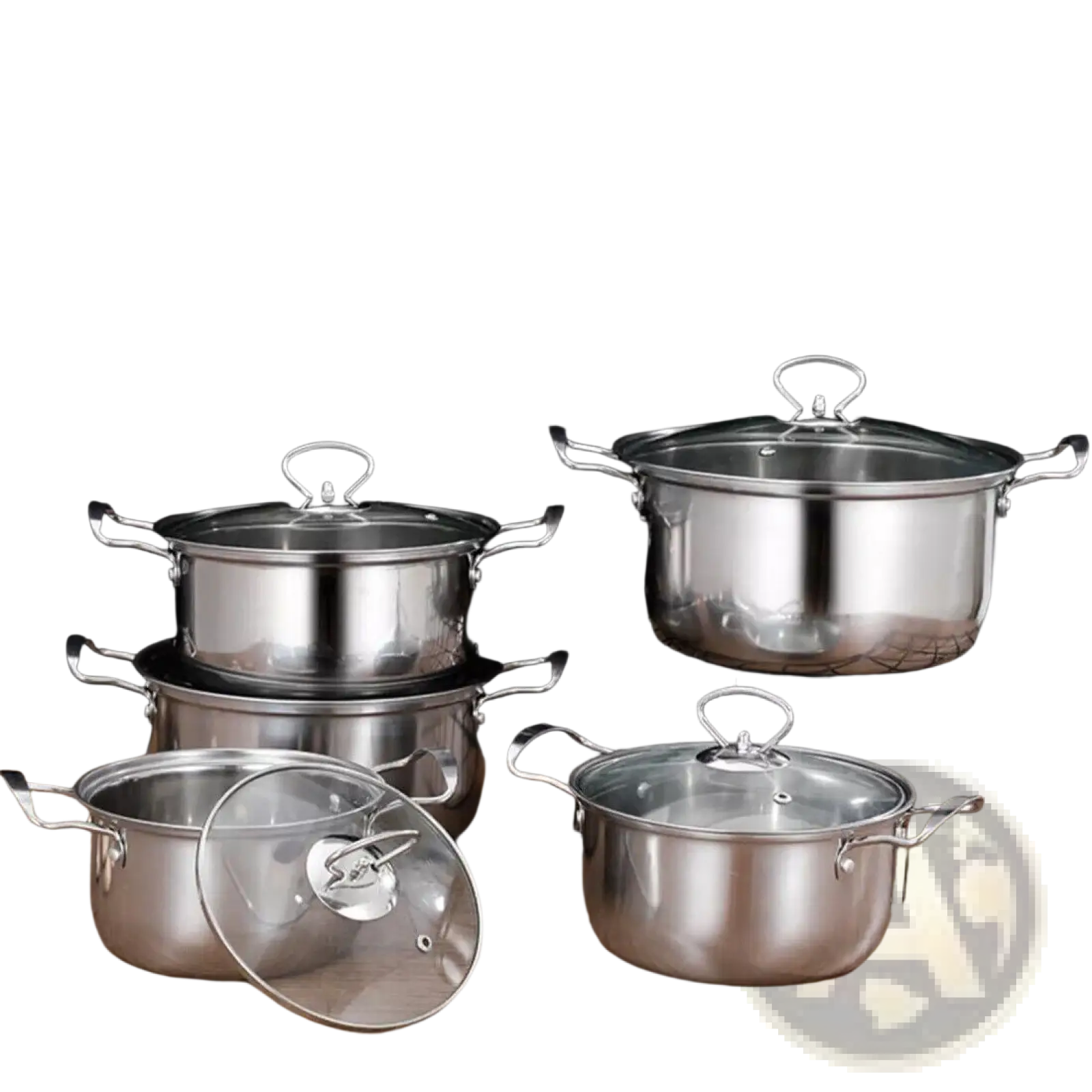 Set of 11 stainless steel induction cookware pots with clear glass lids and sturdy handles for versatile cooking
