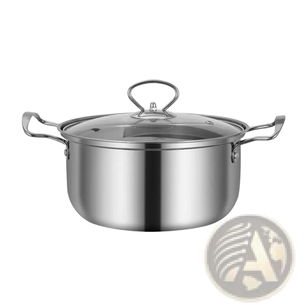 Stainless steel induction cookware stockpot with clear glass lid and two side handles in silver finish