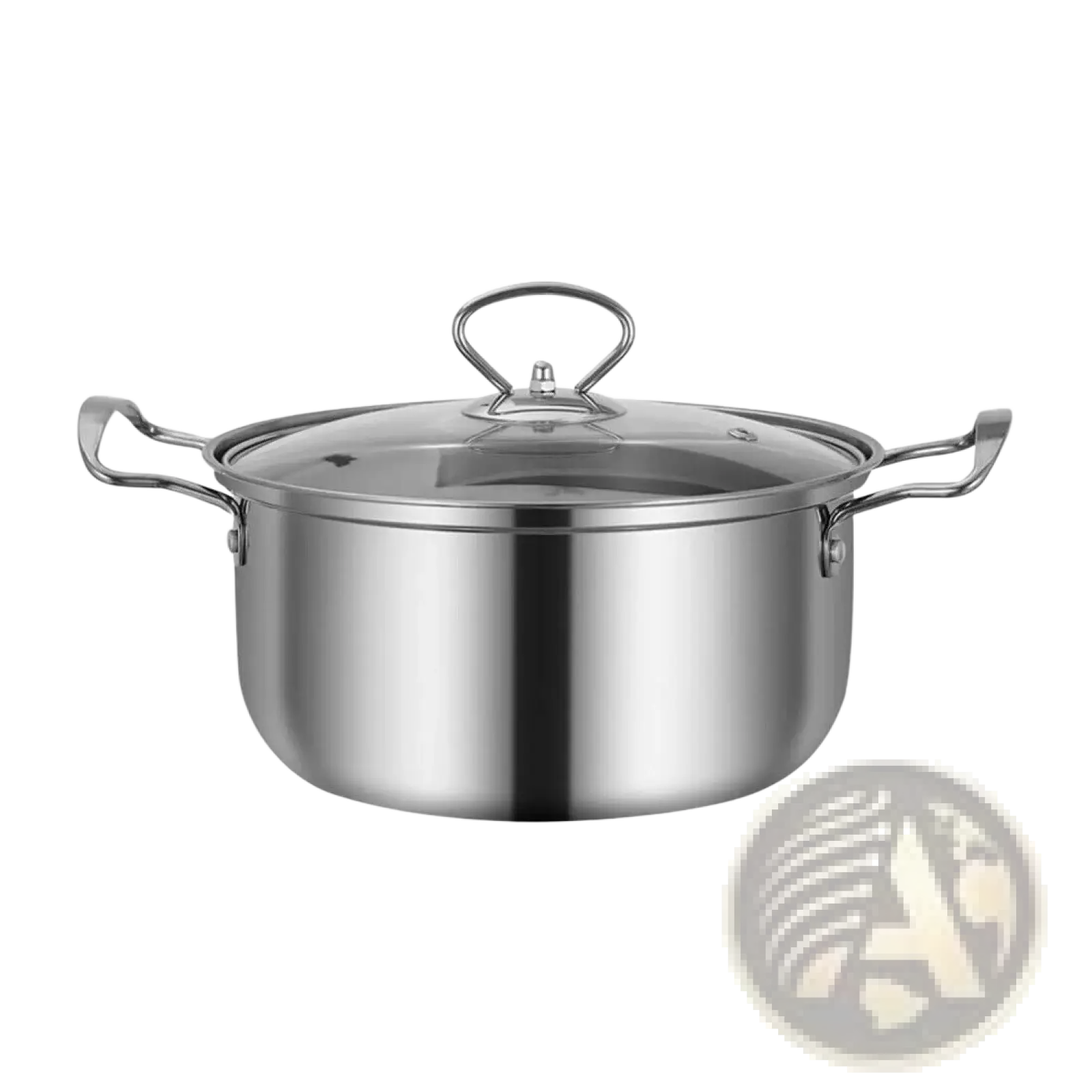 Stainless steel induction cookware stockpot with clear glass lid and two side handles in silver finish