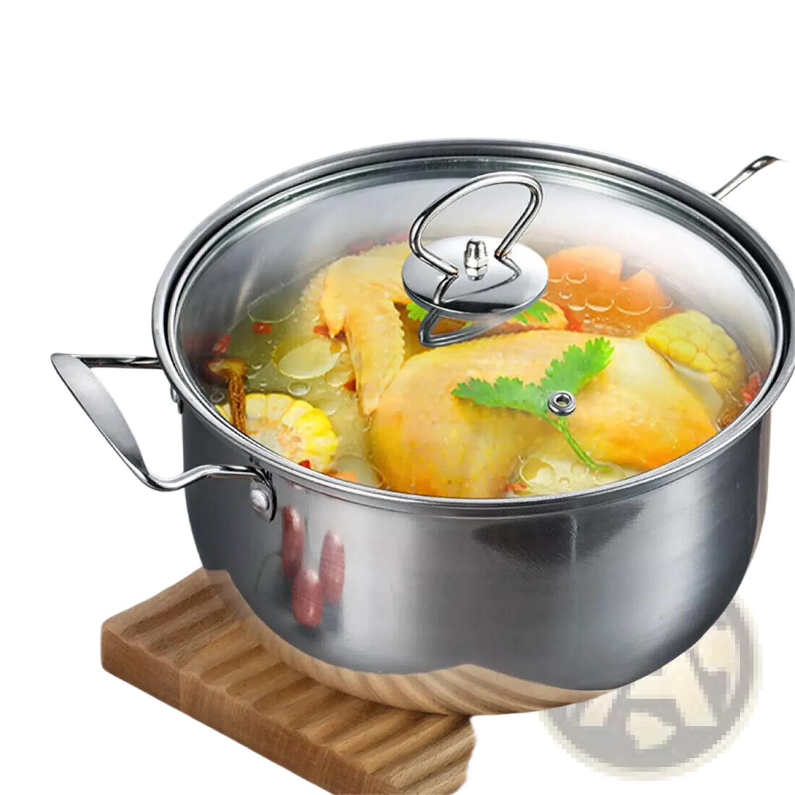 Stainless steel induction cookware pot with clear glass lid and silver handle containing cooked chicken garnished with cilantro