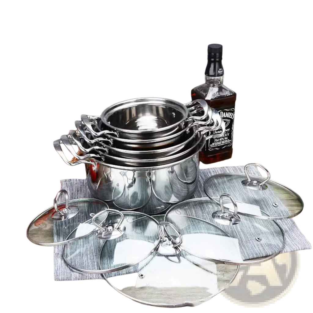 Stack of stainless steel induction cookware set 11 pieces with matching glass lids and curved handles in silver color