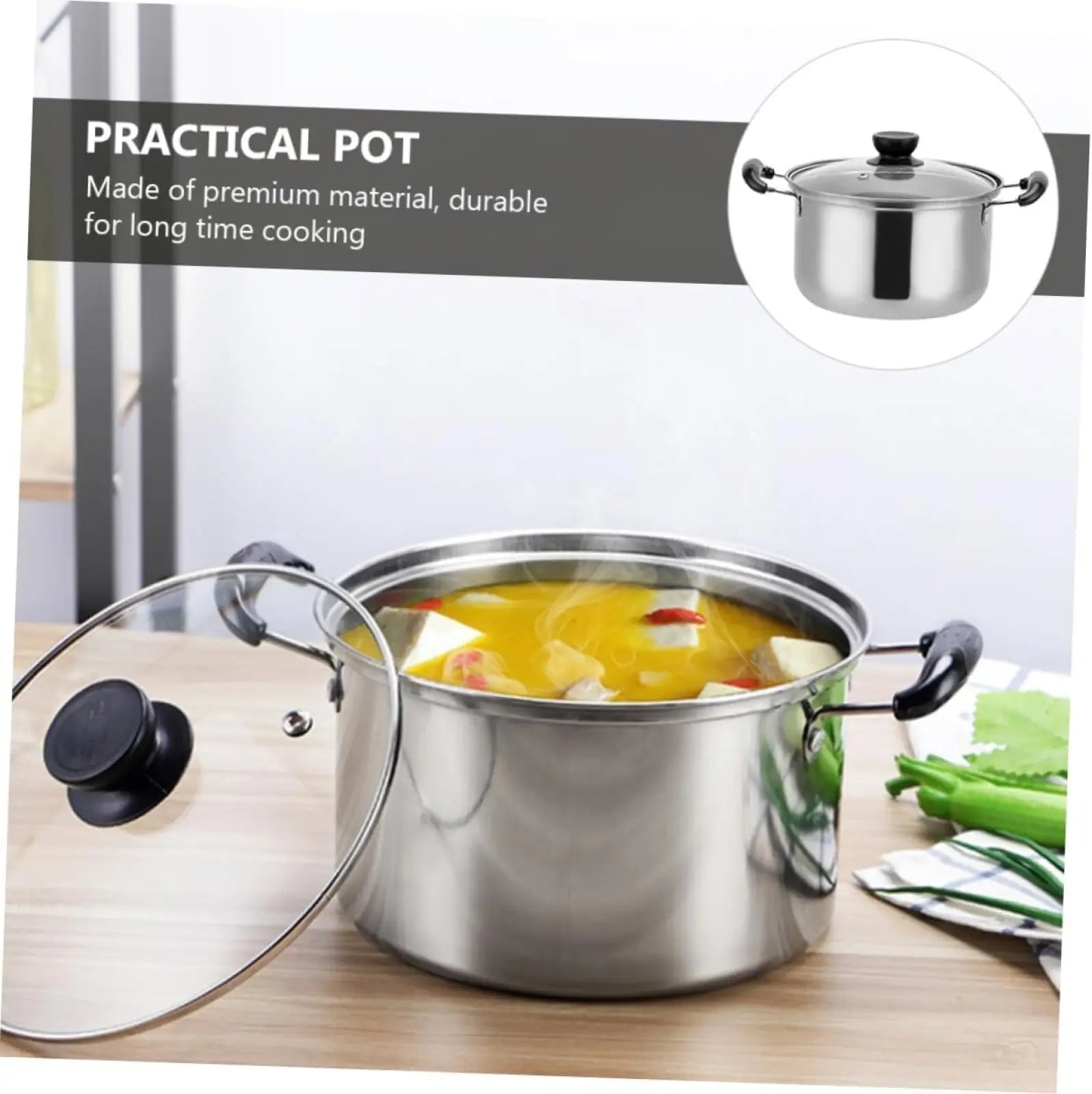 Stainless steel induction cooking pot with black handles and lid featuring a sleek reflective surface