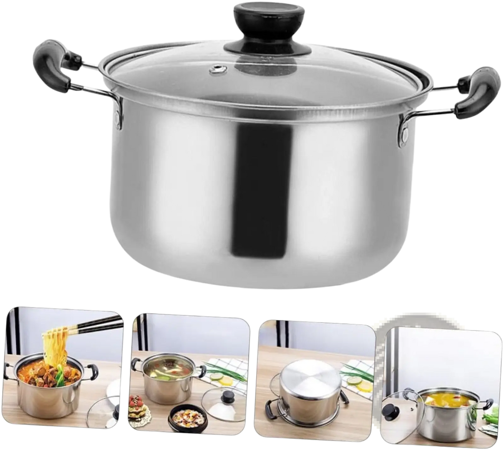 Stainless steel stockpot with black plastic handles and clear glass lid with black knob in induction cookware set