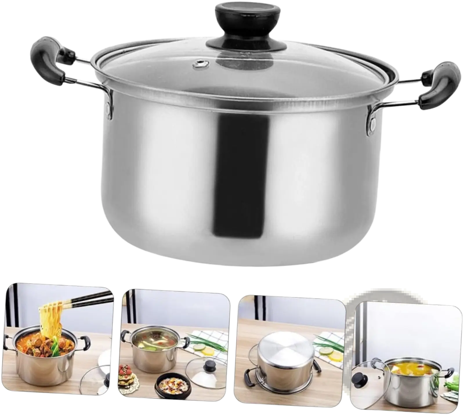 Stainless steel stockpot with black plastic handles and clear glass lid with black knob in induction cookware set