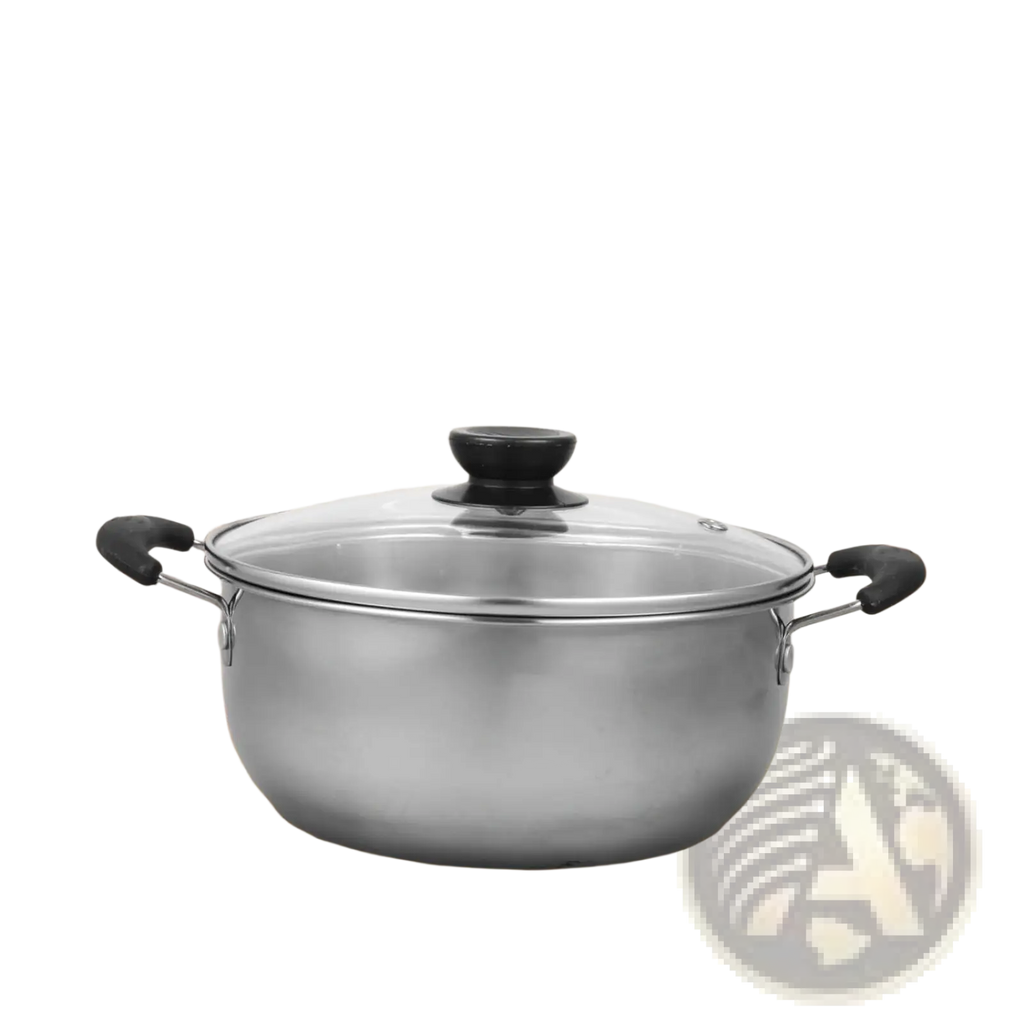 Stainless steel induction cookware pot with black handles and clear glass lid with black knob in 5 piece set