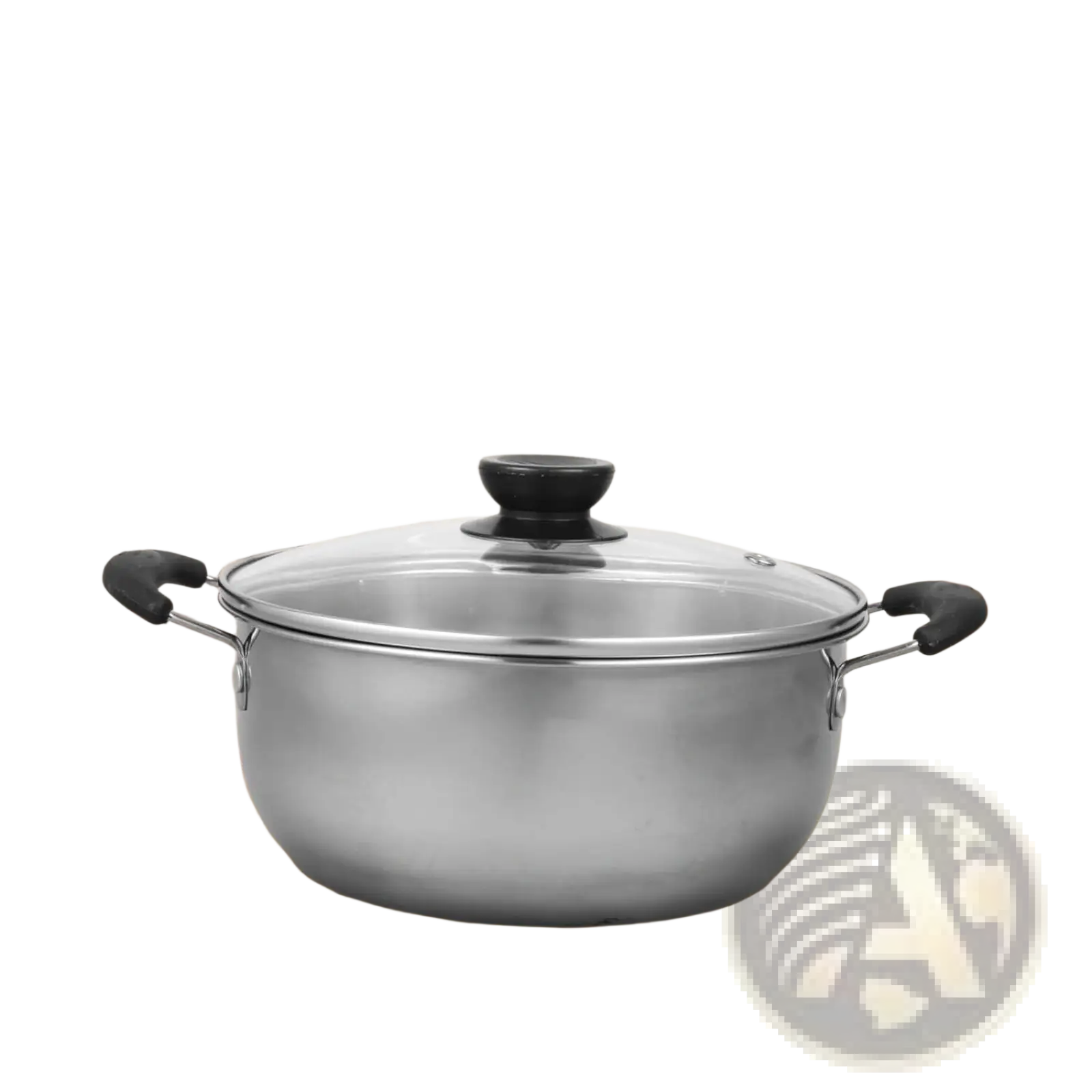 Stainless steel induction cookware pot with black handles and clear glass lid with black knob in 5 piece set