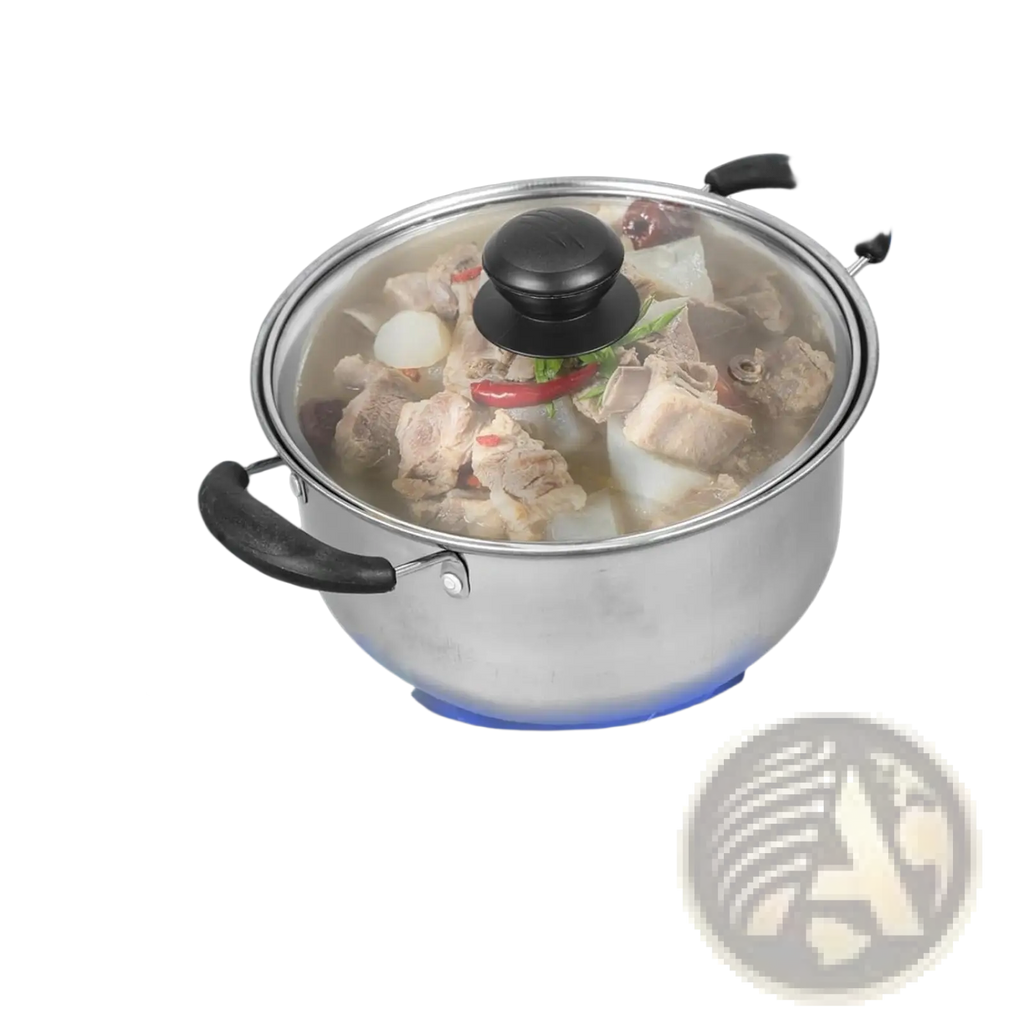 Stainless steel induction cookware set 5 pieces pot with black handles simmering stew on gas stove