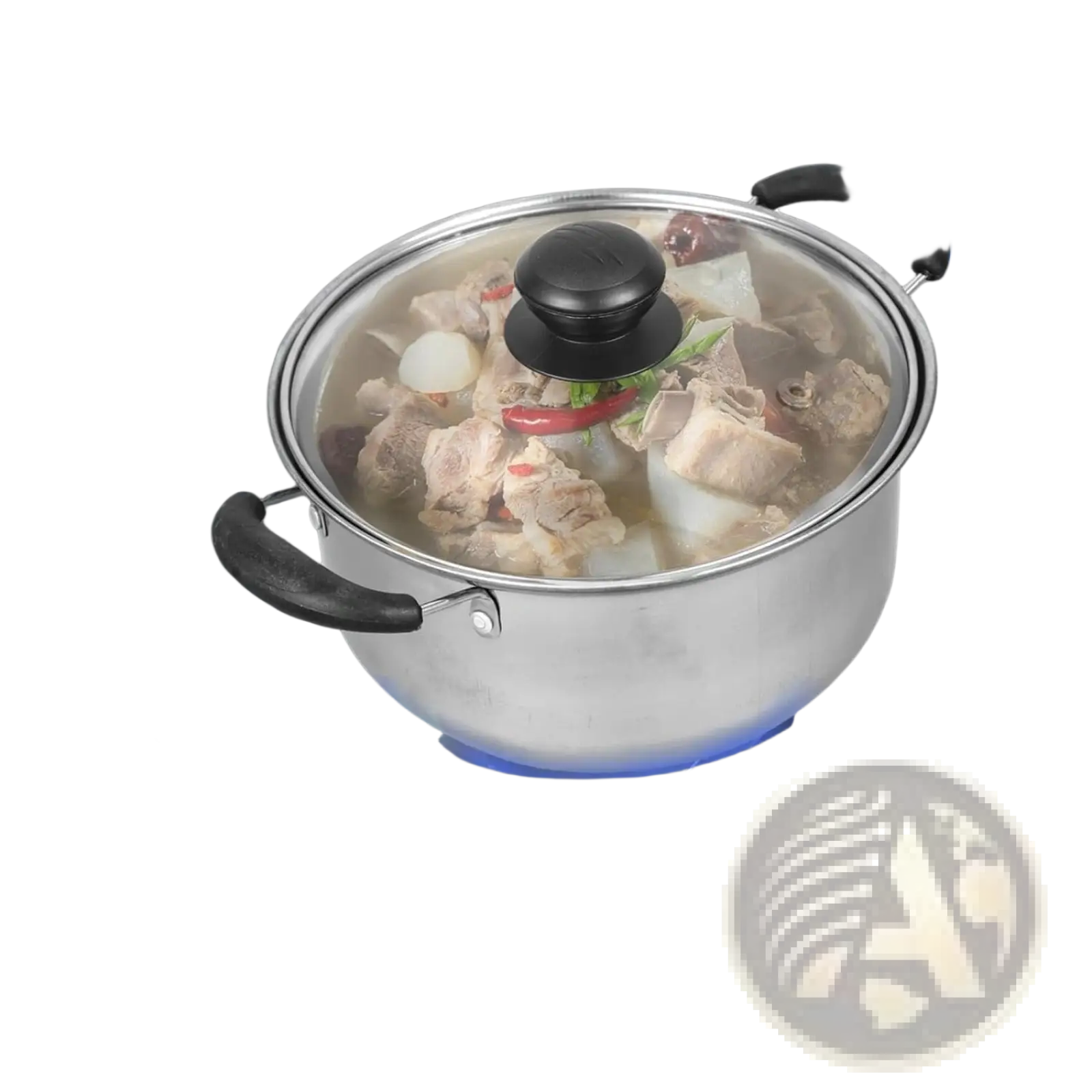 Stainless steel induction cookware set 5 pieces pot with black handles simmering stew on gas stove