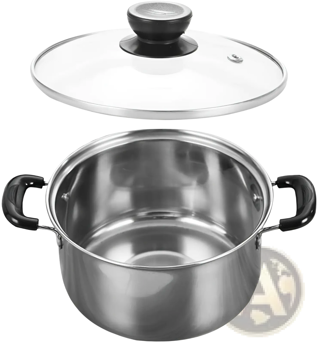 Stainless steel induction cookware pot with black plastic handles and clear glass lid with black knob in 5-piece set