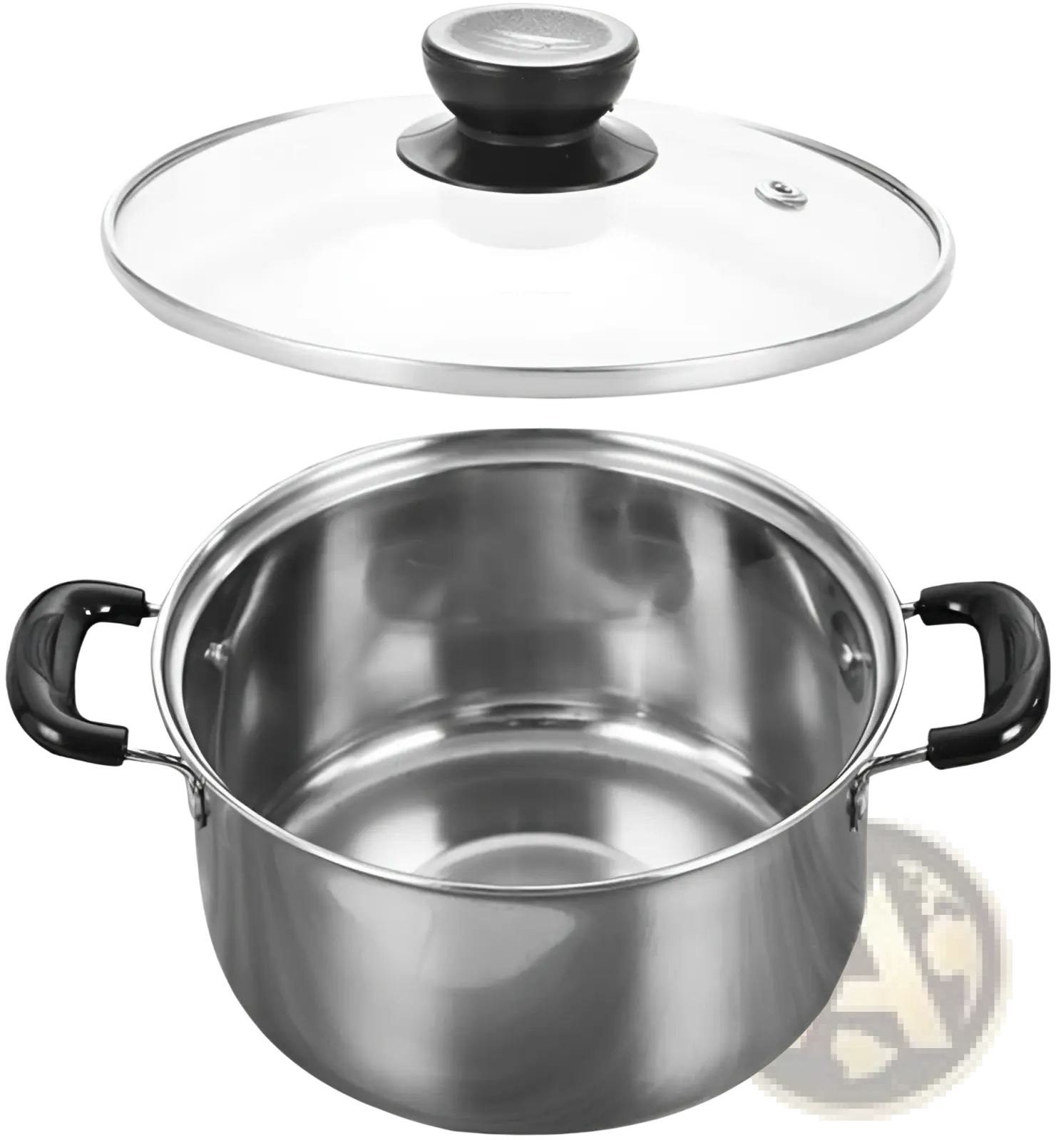 Stainless steel induction cookware pot with black plastic handles and clear glass lid with black knob in 5-piece set