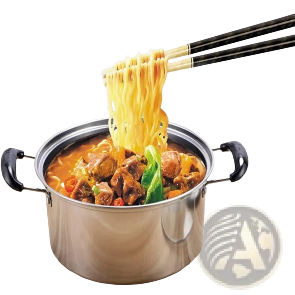 Stainless steel induction cookware set 5 pieces with black handles filled with hearty noodle stew lifted by chopsticks