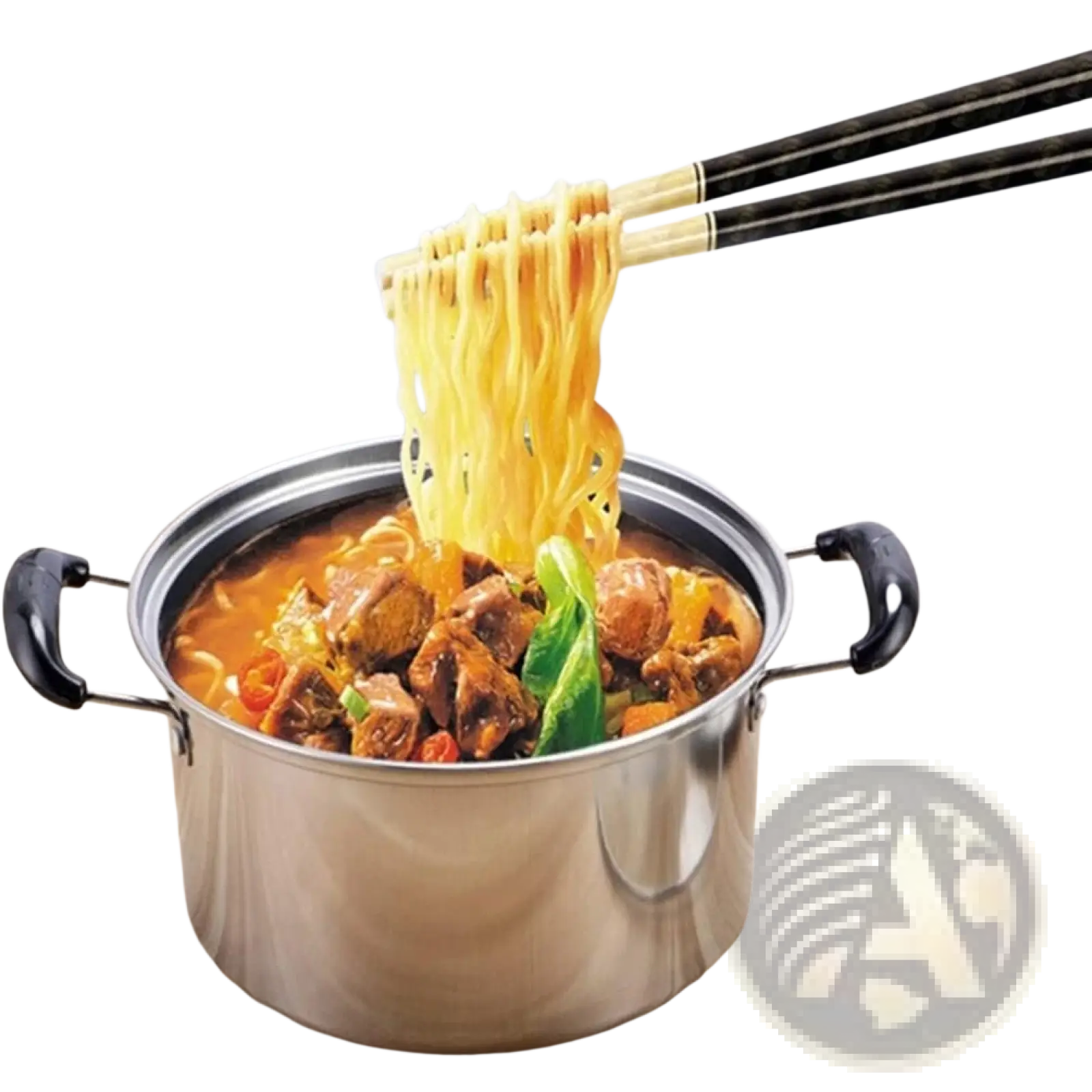 Stainless steel induction cookware set 5 pieces with black handles filled with hearty noodle stew lifted by chopsticks