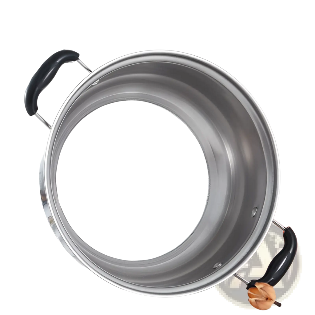 Stainless steel induction cookware set 5 pieces featuring a stainless steel pot with black handles and matching lid