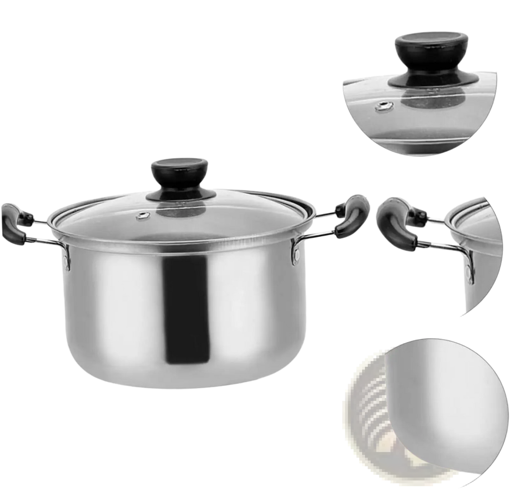 Stainless steel induction cookware pot with black plastic handles and clear glass lid with black knob in 5 piece set