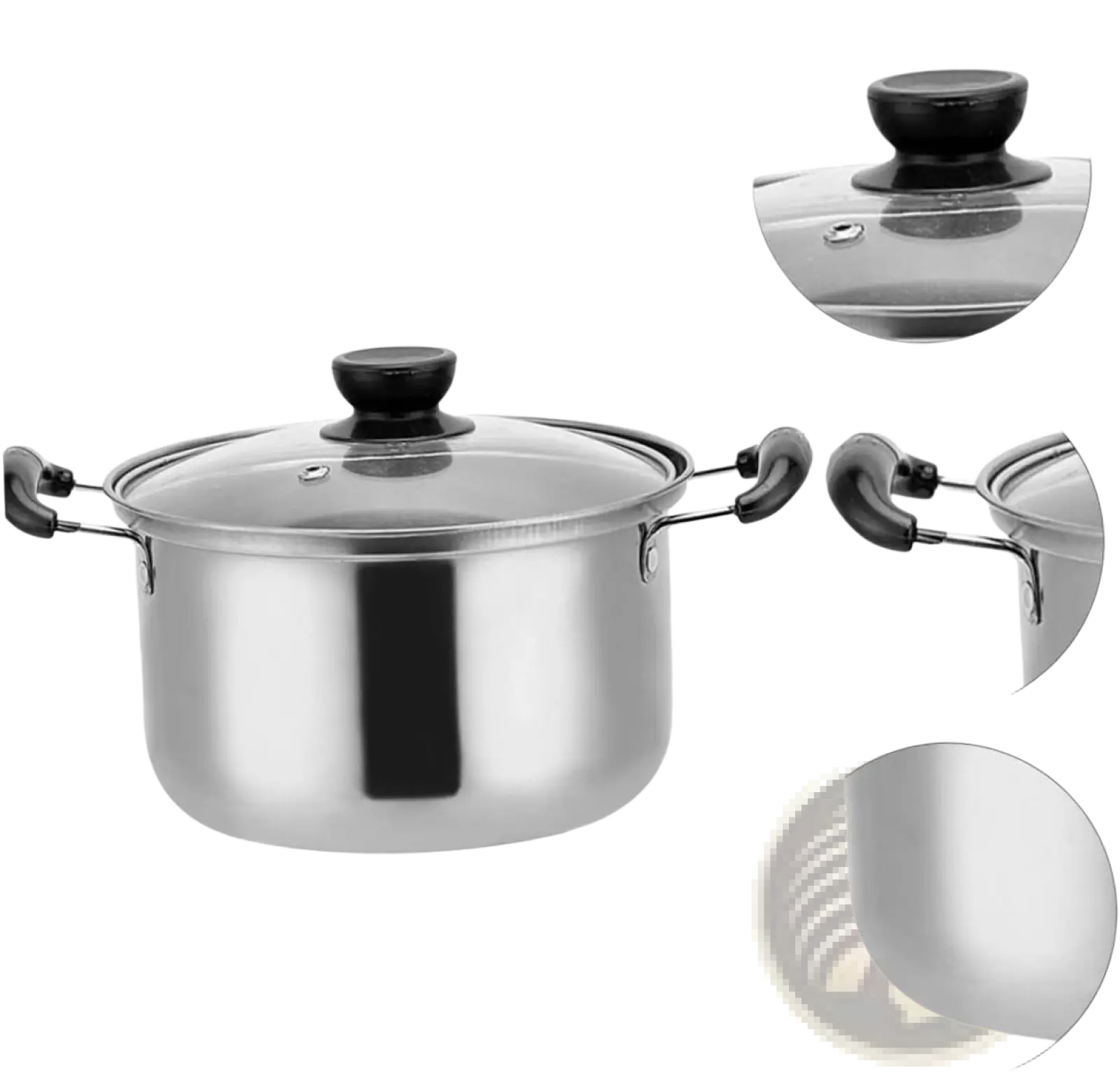 Stainless steel induction cookware pot with black plastic handles and clear glass lid with black knob in 5 piece set