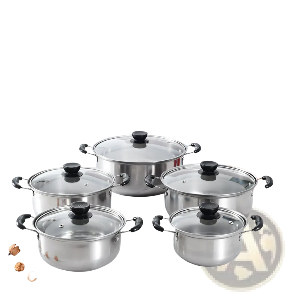 Stainless steel induction cookware set of five pieces with black handles and glass lids for versatile cooking