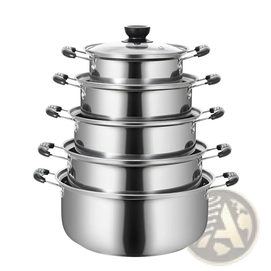 Stacked set of stainless steel induction cookware pots with black handles and glass lids in a 5-piece set