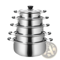 Stacked set of stainless steel induction cookware pots with black handles and glass lids in a 5-piece set