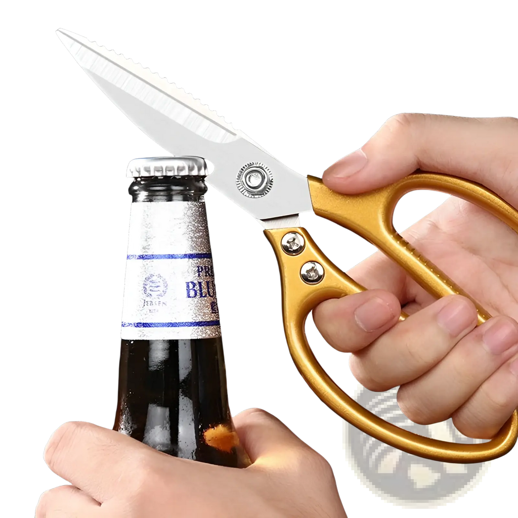 Stainless steel kitchen shears with gold handles and serrated blades for cutting meat and seafood