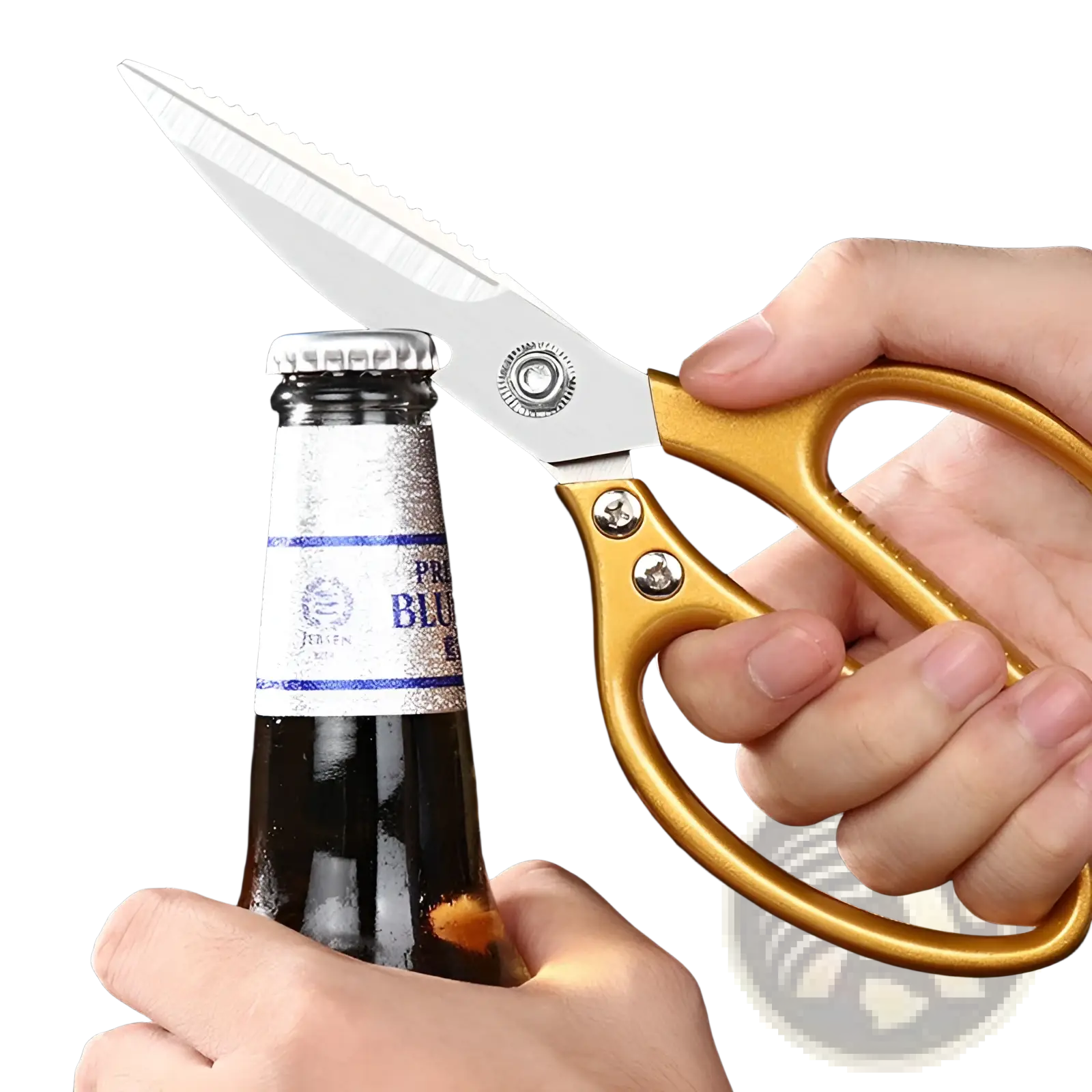 Stainless steel kitchen shears with gold handles and serrated blades for cutting meat and seafood