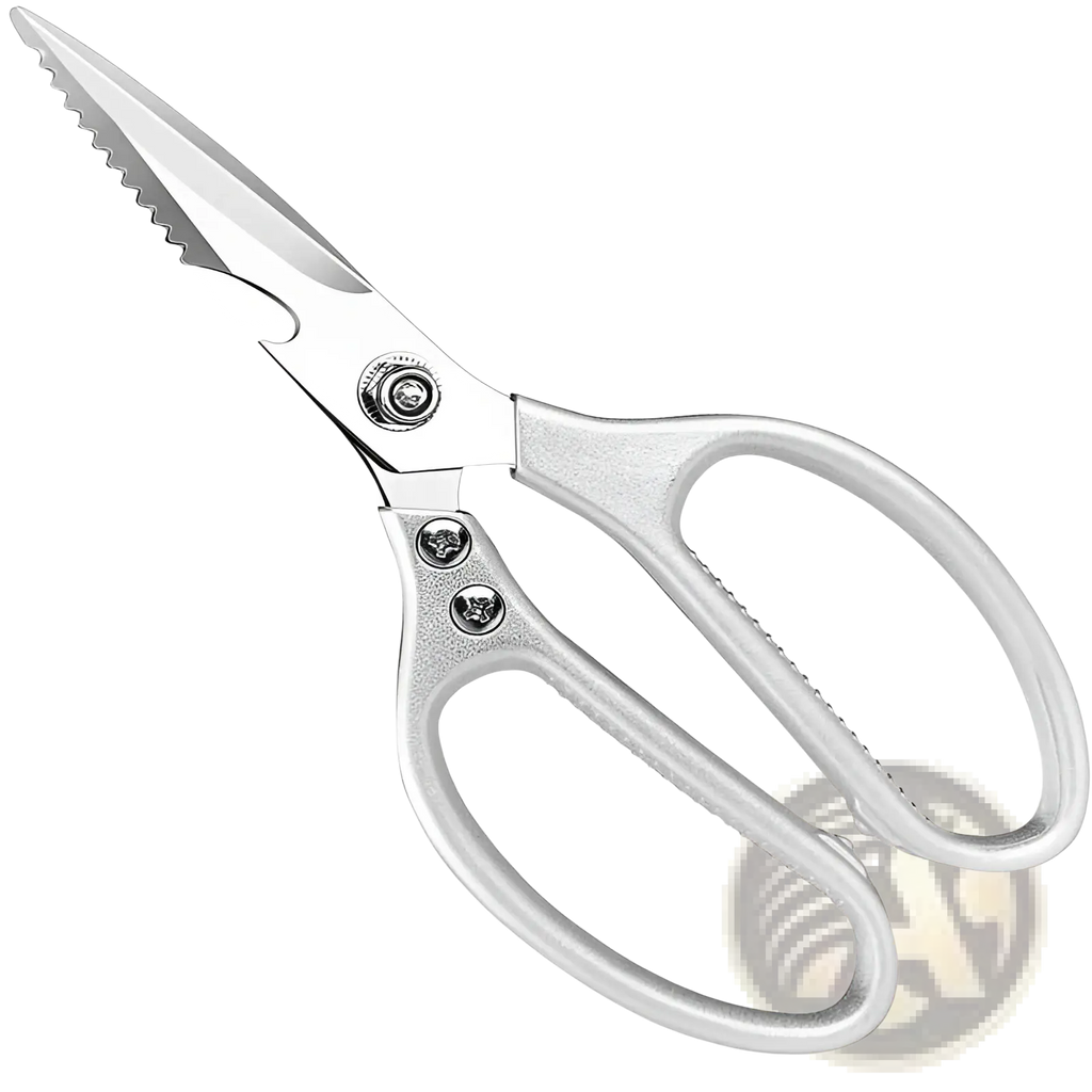 Silver stainless steel kitchen shears with serrated blades and textured handles for meat and seafood preparation