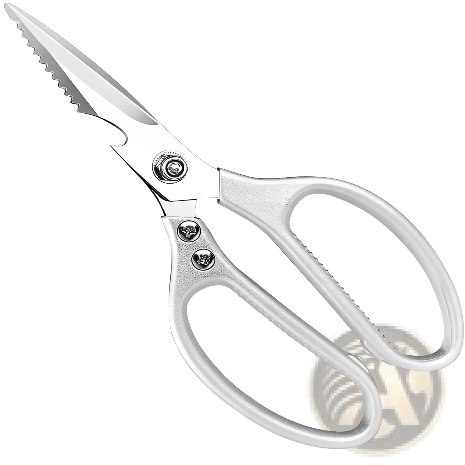 Silver stainless steel kitchen shears with serrated blades and textured handles for meat and seafood preparation