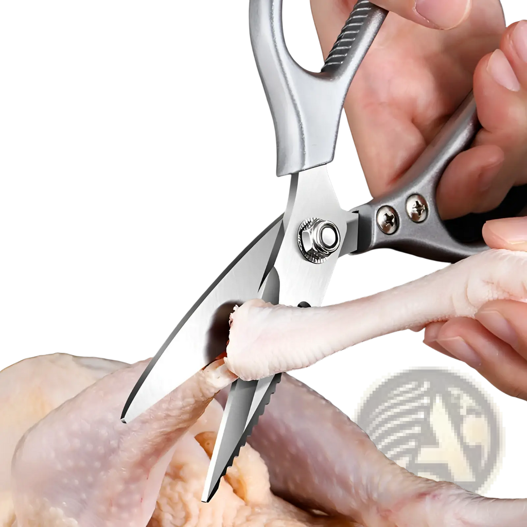 Silver stainless steel kitchen shears with textured handles and serrated blades for meat and seafood use