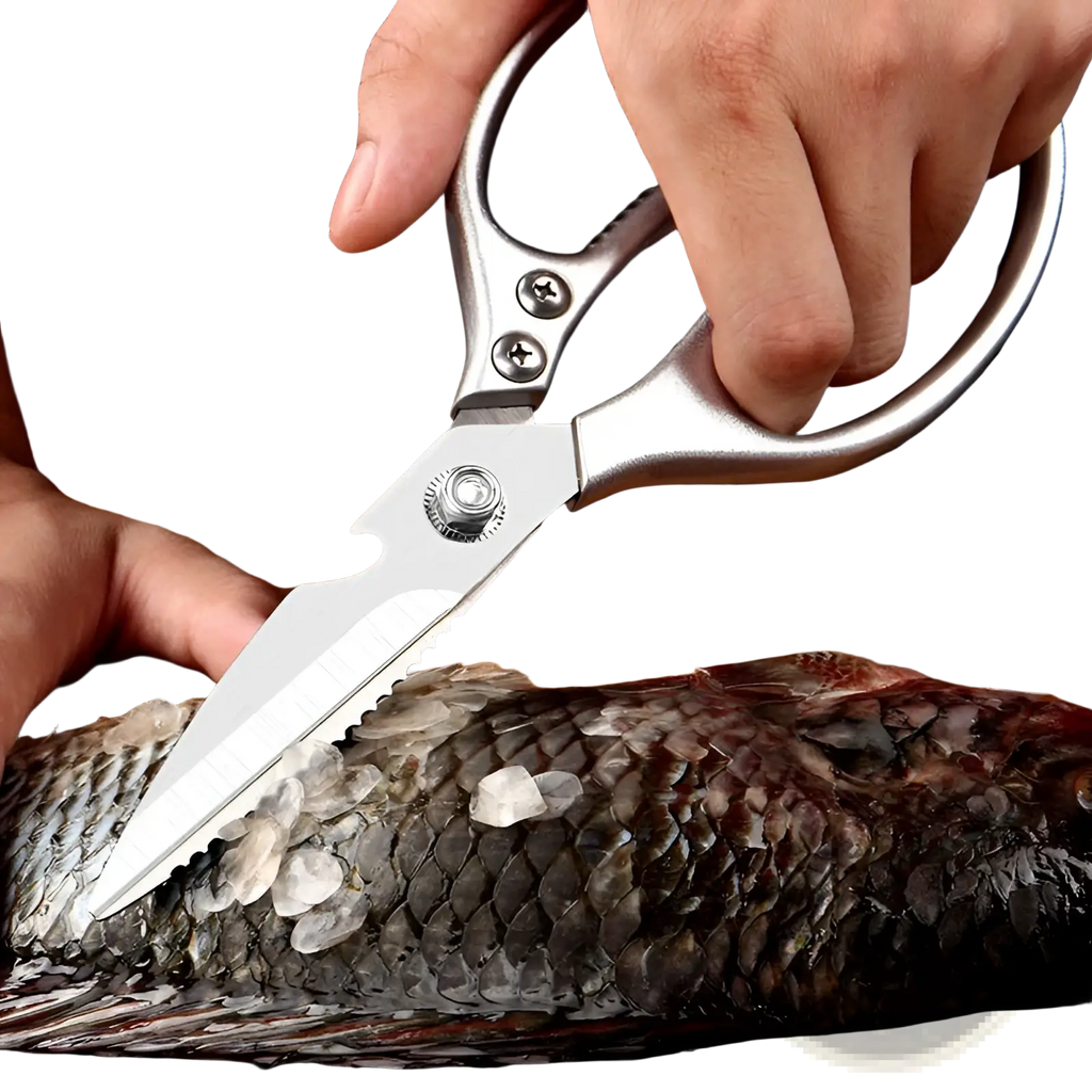 Silver stainless steel kitchen shears with serrated blades and bottle opener used to scale a fish