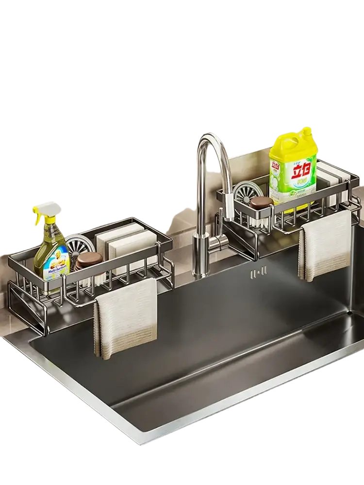 Stainless steel kitchen sink caddy organizer in silver with multiple compartments and towel hooks for sink storage