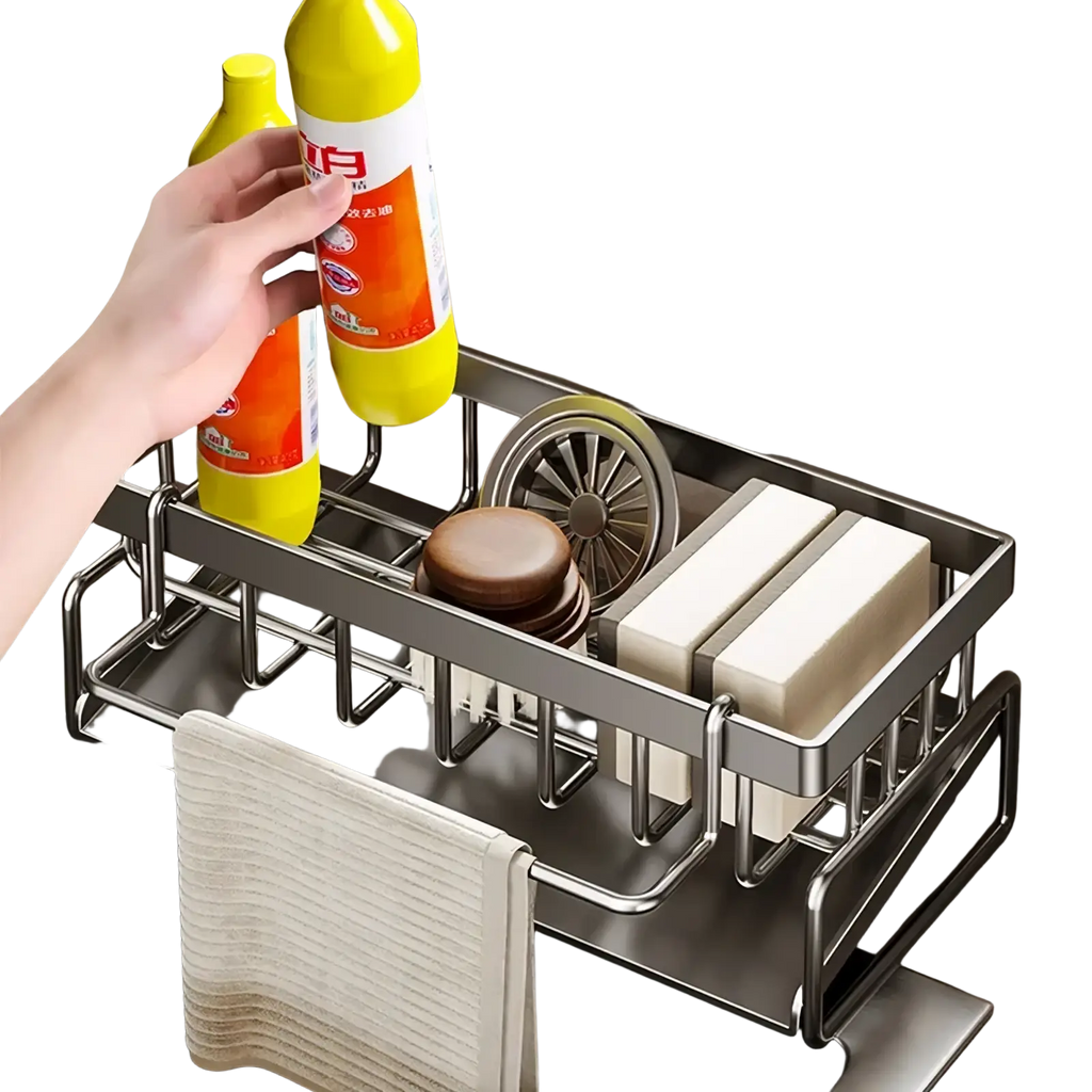 Stainless steel kitchen sink caddy organizer with a sleek modern design and multiple compartments for cleaning supplies