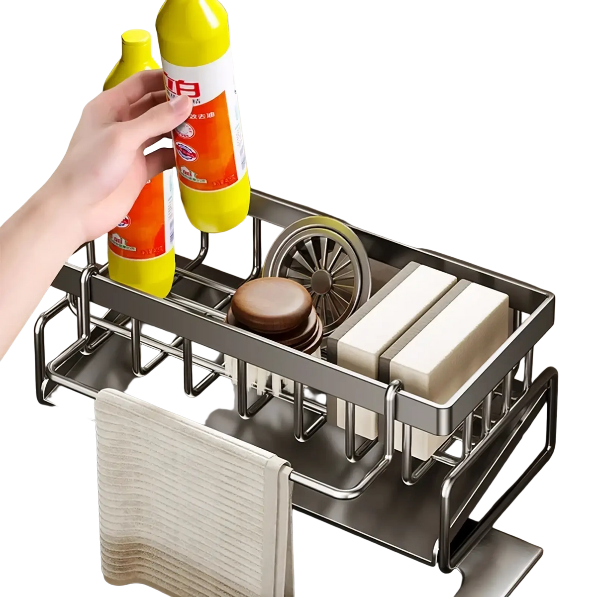 Stainless steel kitchen sink caddy organizer with a sleek modern design and multiple compartments for cleaning supplies