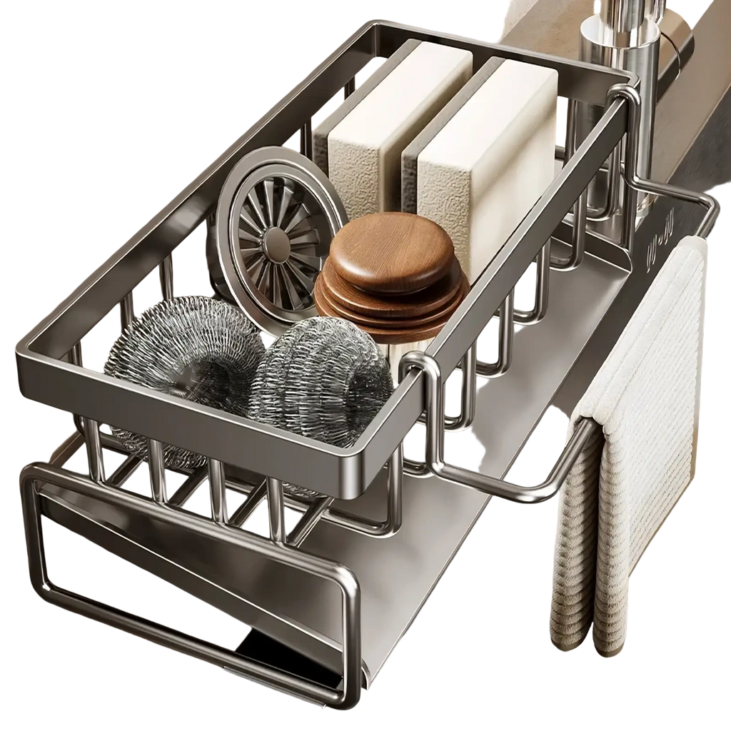 Stainless steel kitchen sink caddy organizer with modern design holding sponges scrubbers and wooden lid container