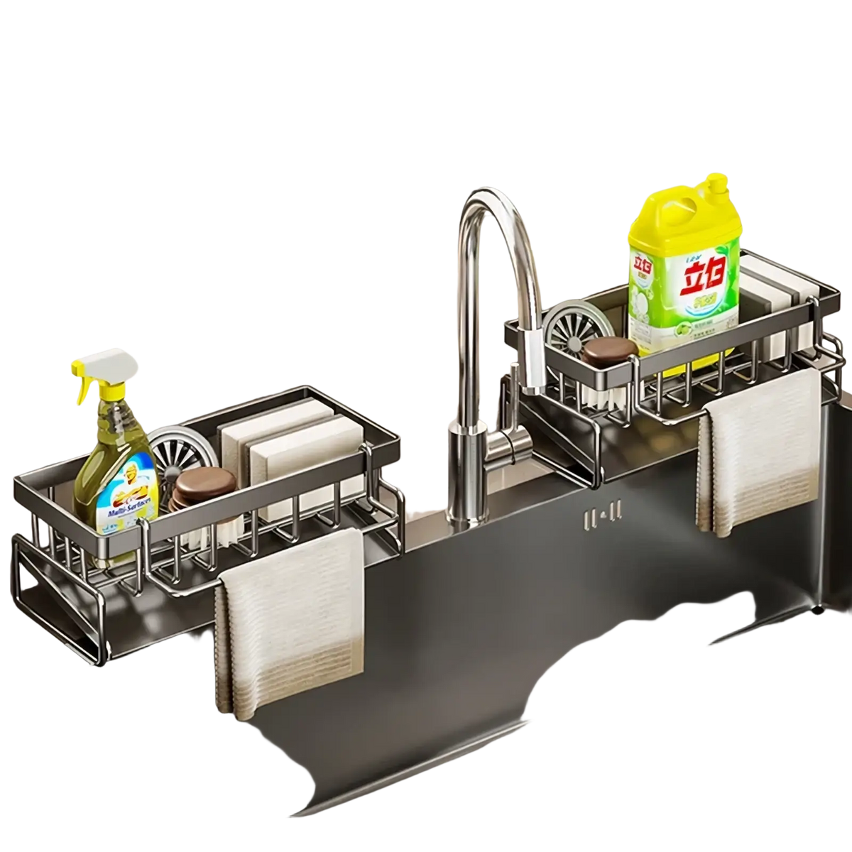 Stainless steel kitchen sink caddy organizer with two compartments soap dish and towel hooks for countertop use