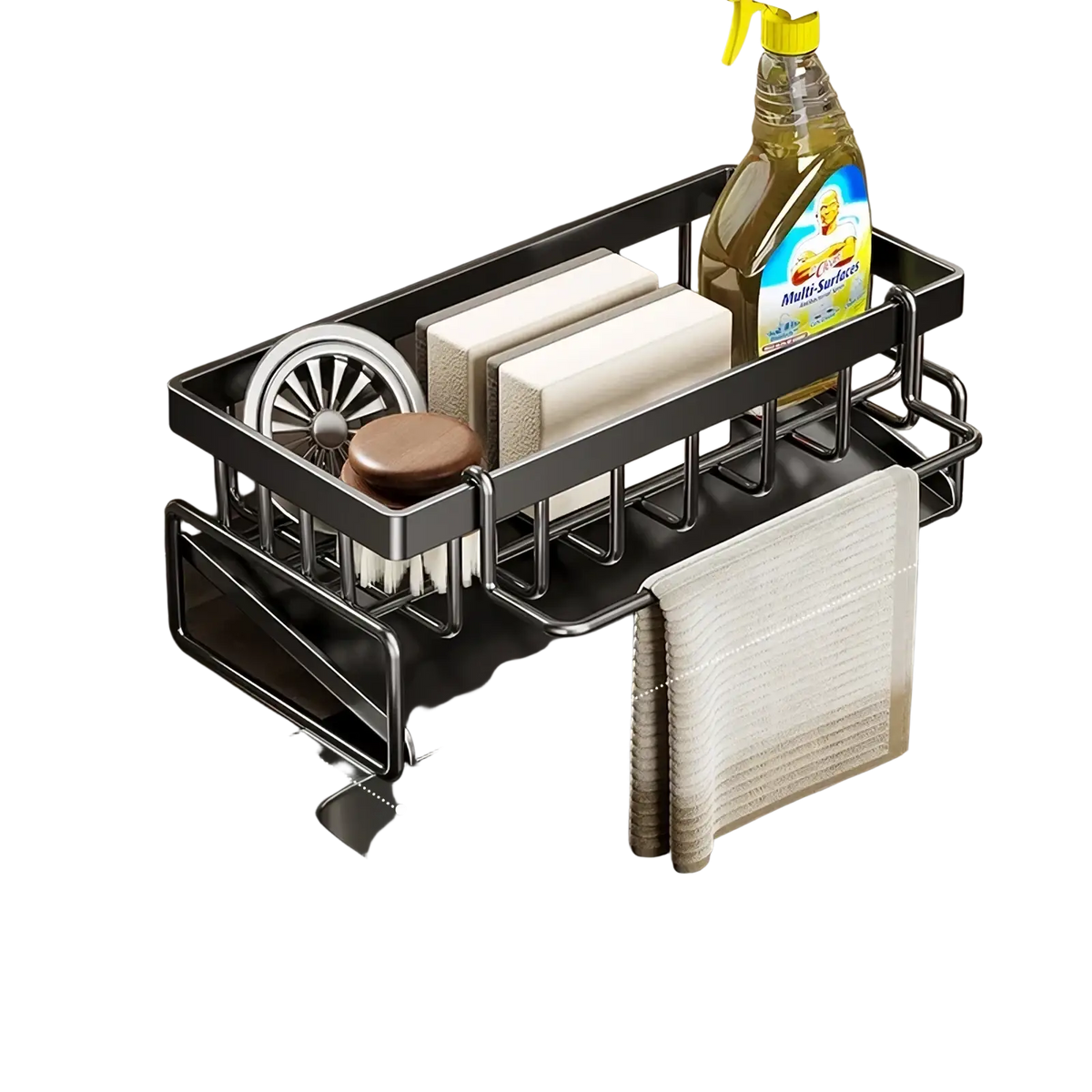 Black solid thickened stainless steel kitchen sink caddy organizer with integrated towel rack and compartmentalized slots