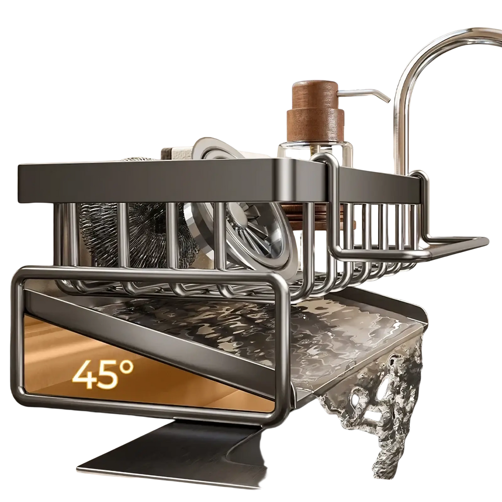 Stainless steel kitchen sink caddy organizer with a 45-degree angled base and wire mesh design in silver