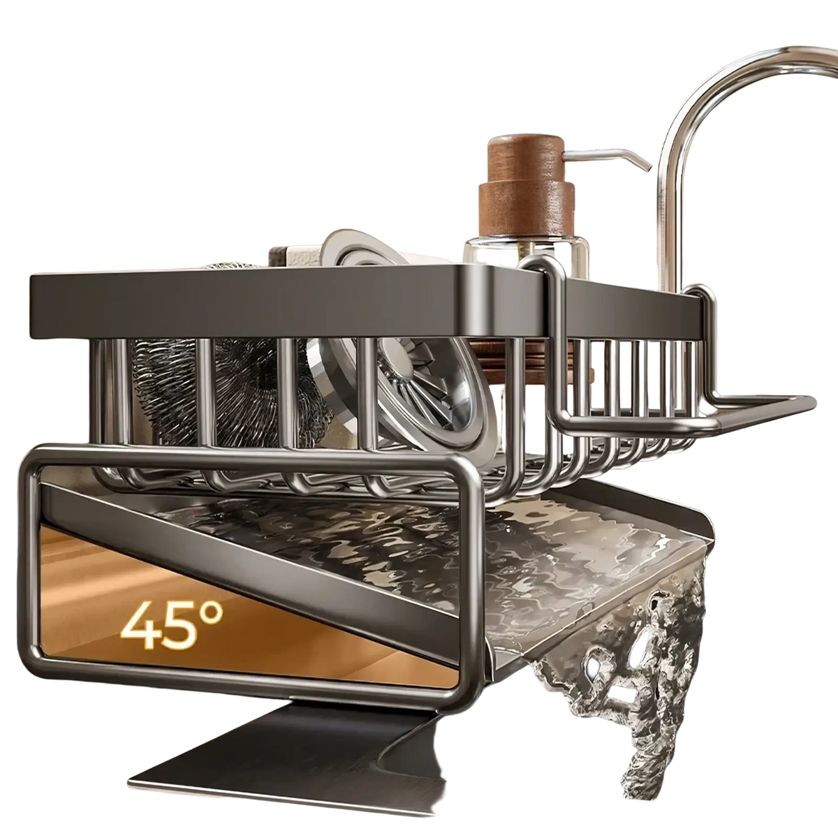 Stainless steel kitchen sink caddy organizer with a 45-degree angled base and wire mesh design in silver
