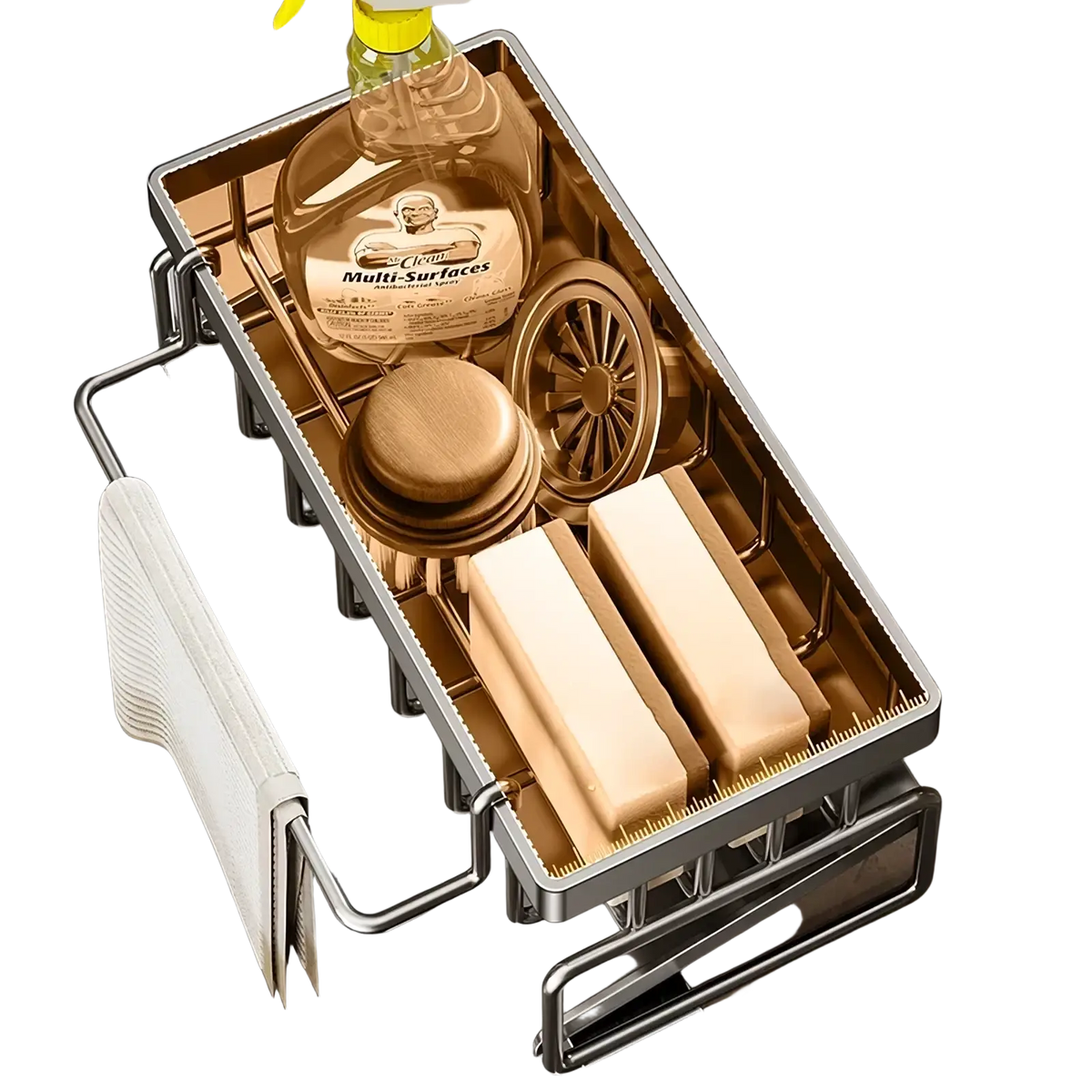 Gold-toned stainless steel kitchen sink caddy organizer with integrated hooks and compartments holding cleaning supplies