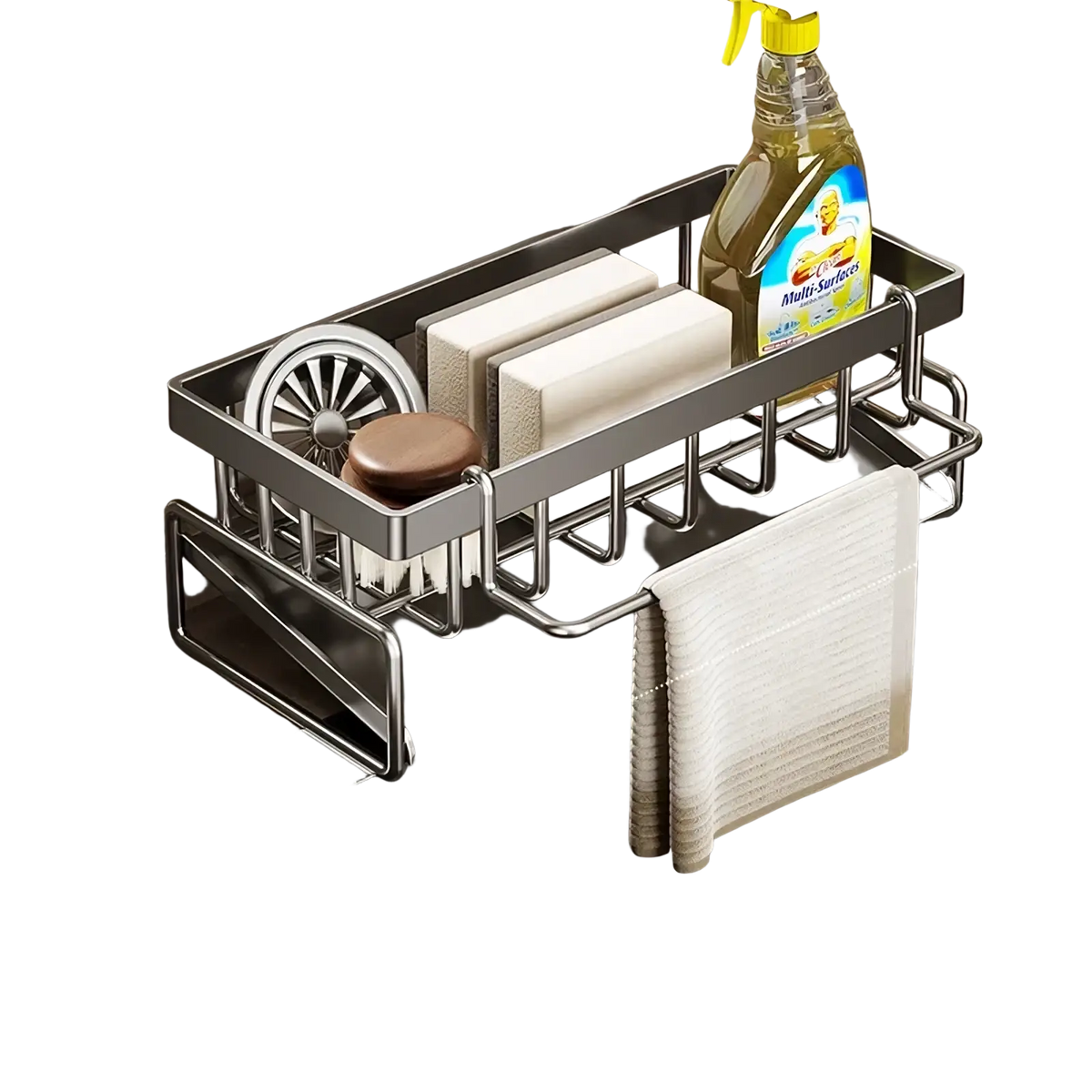 Grey solid thickened stainless steel kitchen sink caddy organizer with integrated towel rack and sponge holders