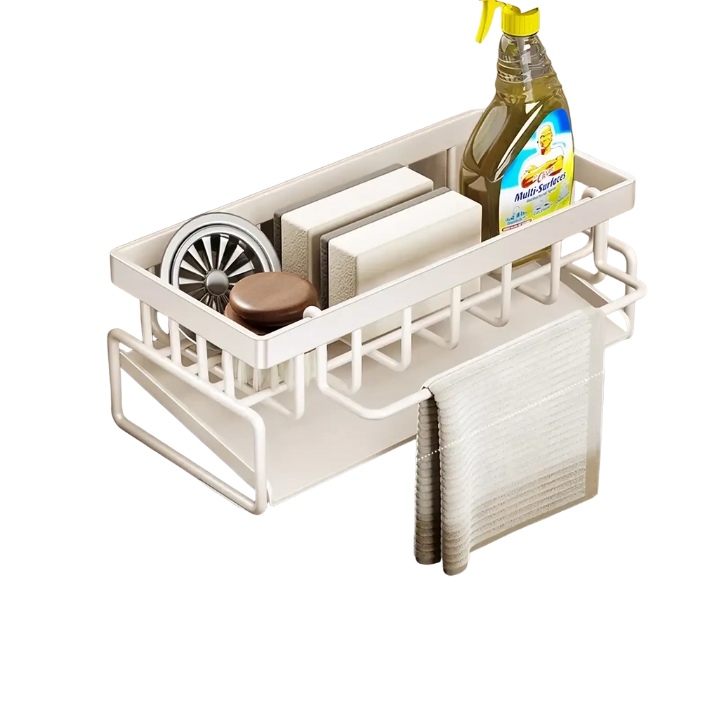 White solid thickened stainless steel kitchen sink caddy organizer with towel rack and multiple compartments for cleaning supplies