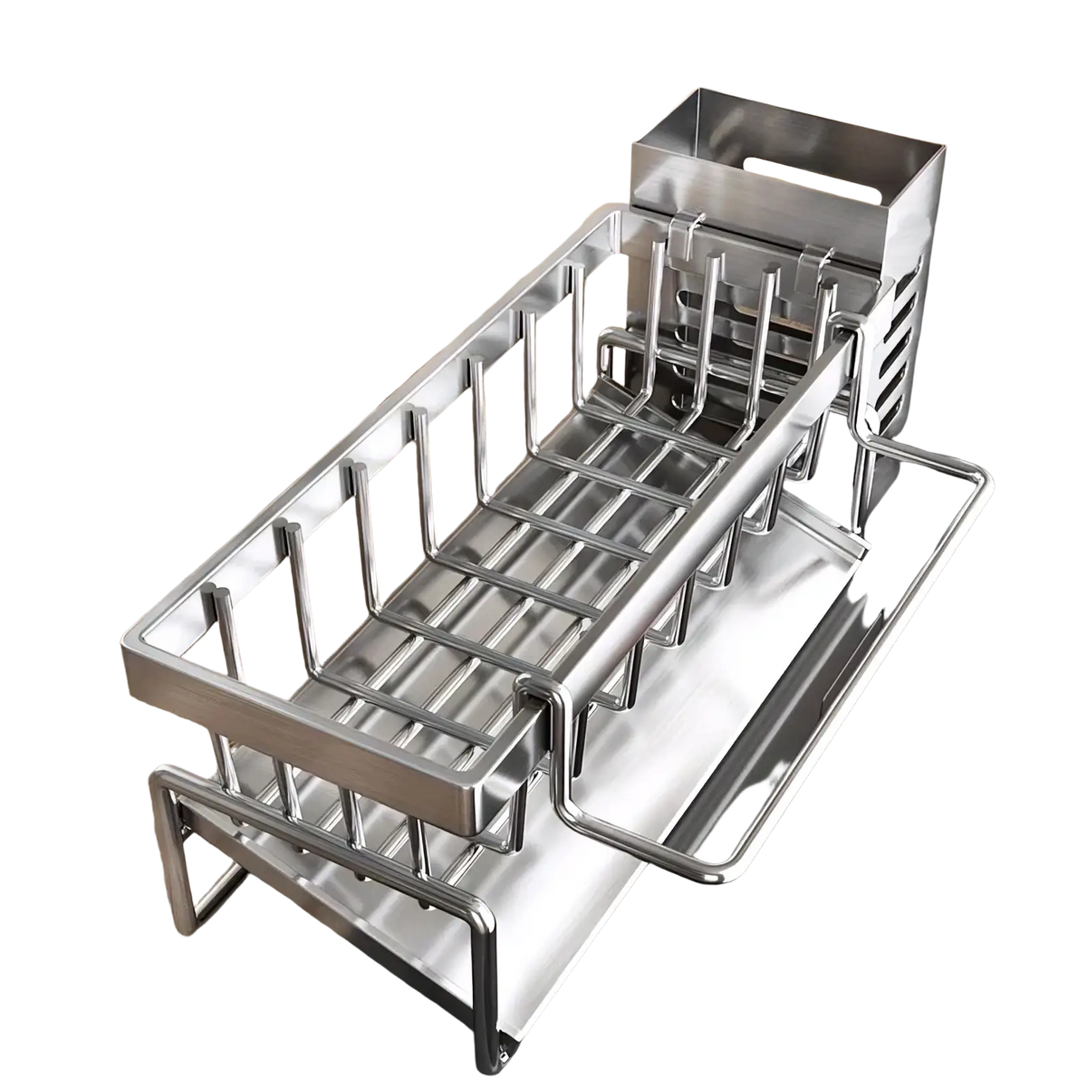 Stainless steel kitchen sink caddy with rectangular design and multiple compartments for organizing cleaning tools