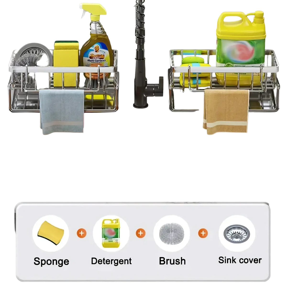 Stainless steel kitchen sink caddy sponge holder with two compartments holding cleaning supplies and towel
