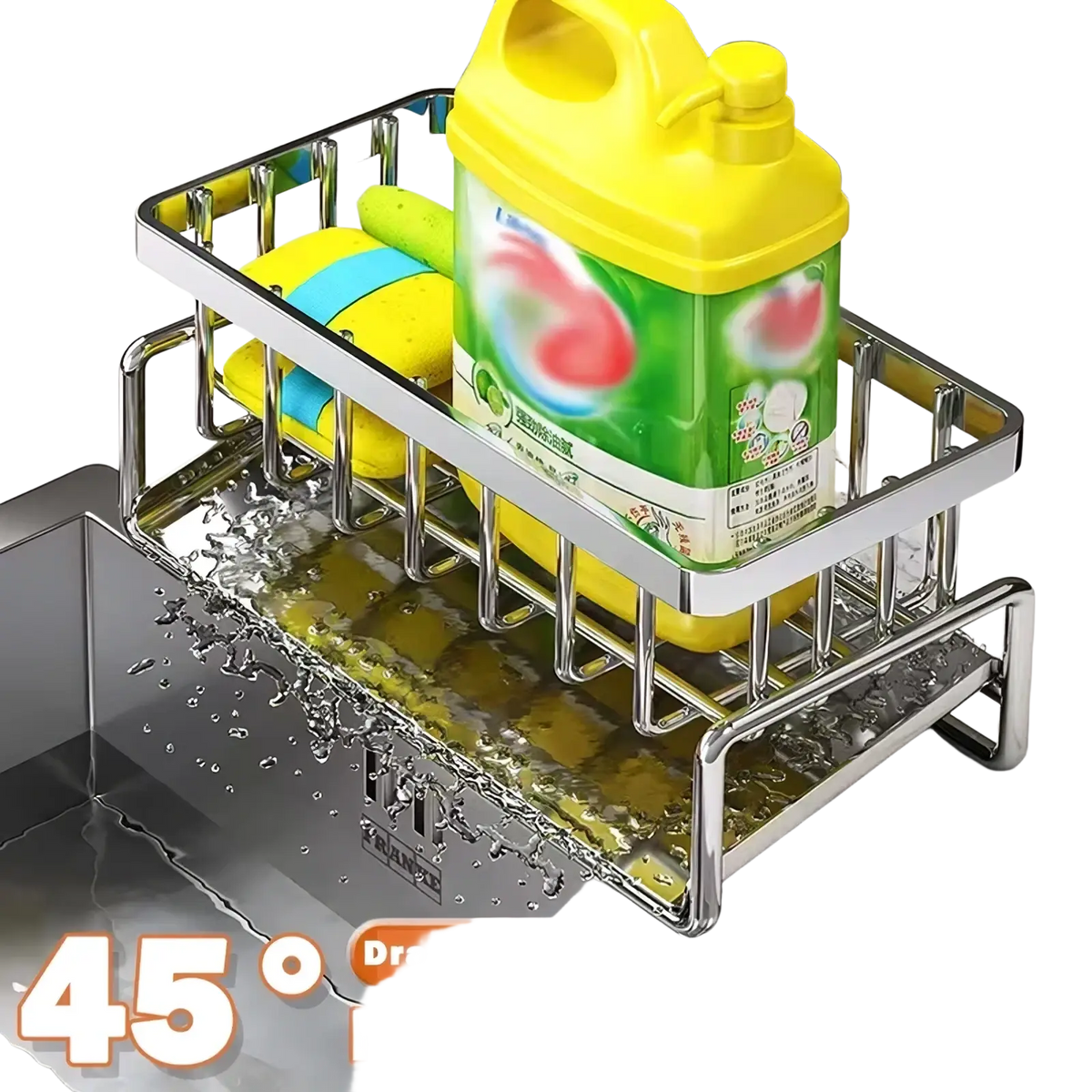 Stainless steel kitchen sink caddy sponge holder with 45-degree inclined water tray design holding cleaning supplies