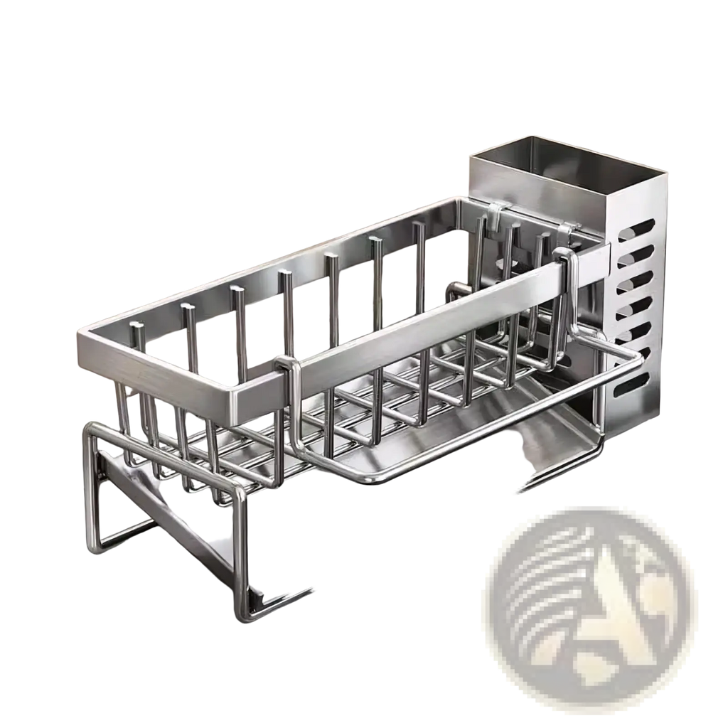 Stainless steel kitchen sink caddy sponge holder with rectangular base, vertical rod dividers, and slotted side compartment