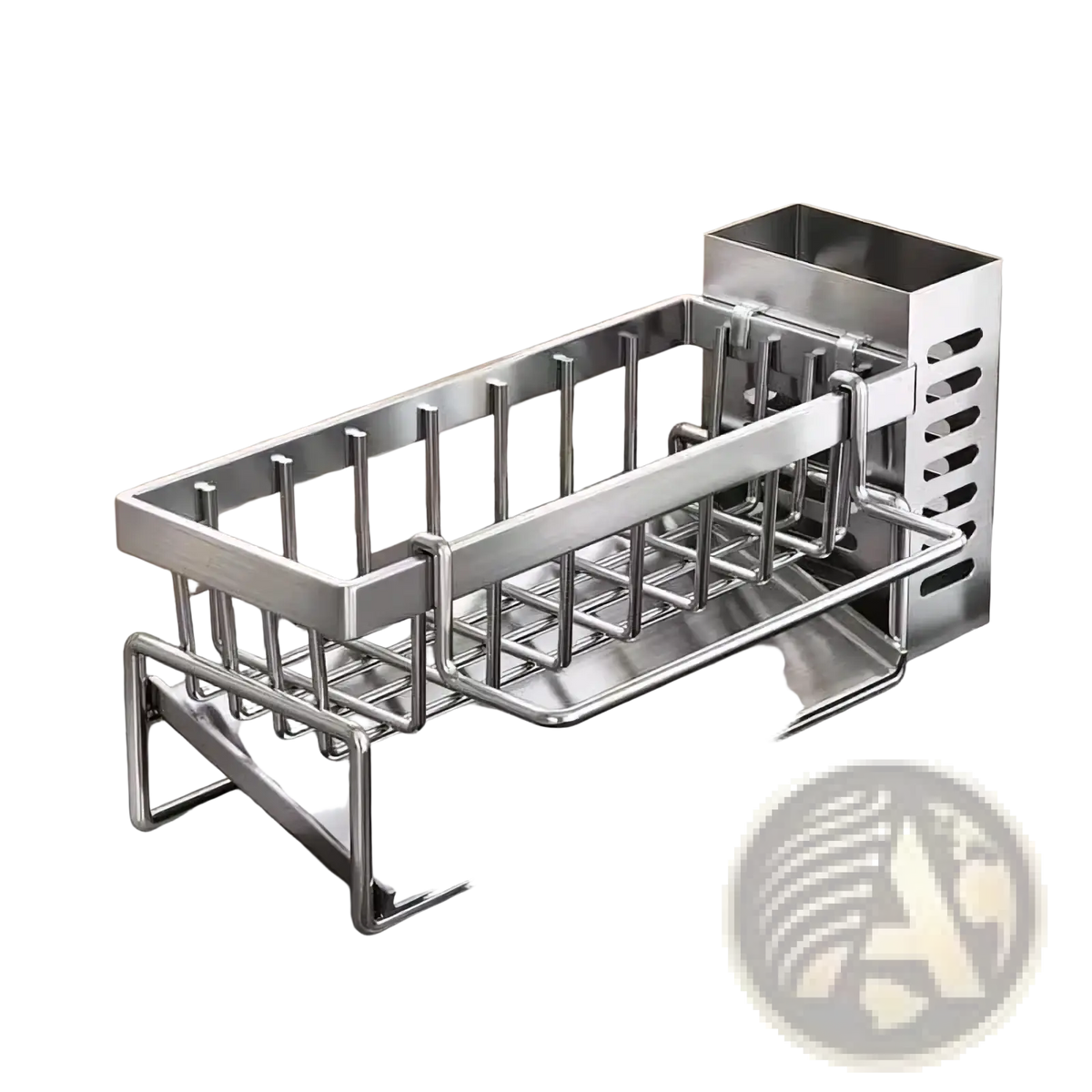 Stainless steel kitchen sink caddy sponge holder with rectangular base, vertical rod dividers, and slotted side compartment