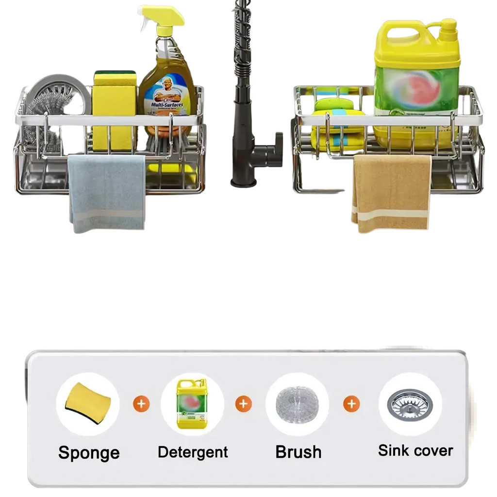Stainless steel kitchen sink caddy sponge holder with two compartments holding cleaning supplies and towel