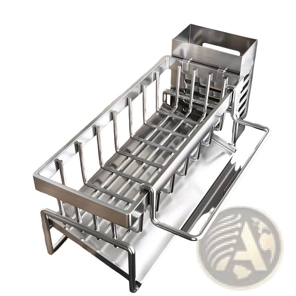 Stainless steel kitchen sink caddy with rectangular design and multiple compartments for organizing cleaning tools