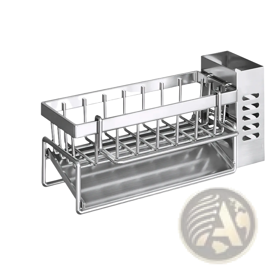 Stainless steel kitchen sink caddy with double-tiered design and vertical utensil slots for organized sponge storage